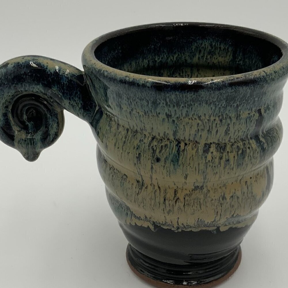 Signed & Dated 2002 Ceramic Art Pottery Stunning Glazed Coffee Mug Swirl Handle